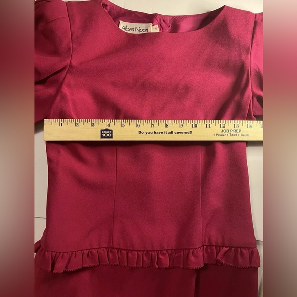 Vintage Albert Nipon Magenta Ruffle Bow Button Lined Dress Size 4 Shoulder Pads - Picture 10 of 16